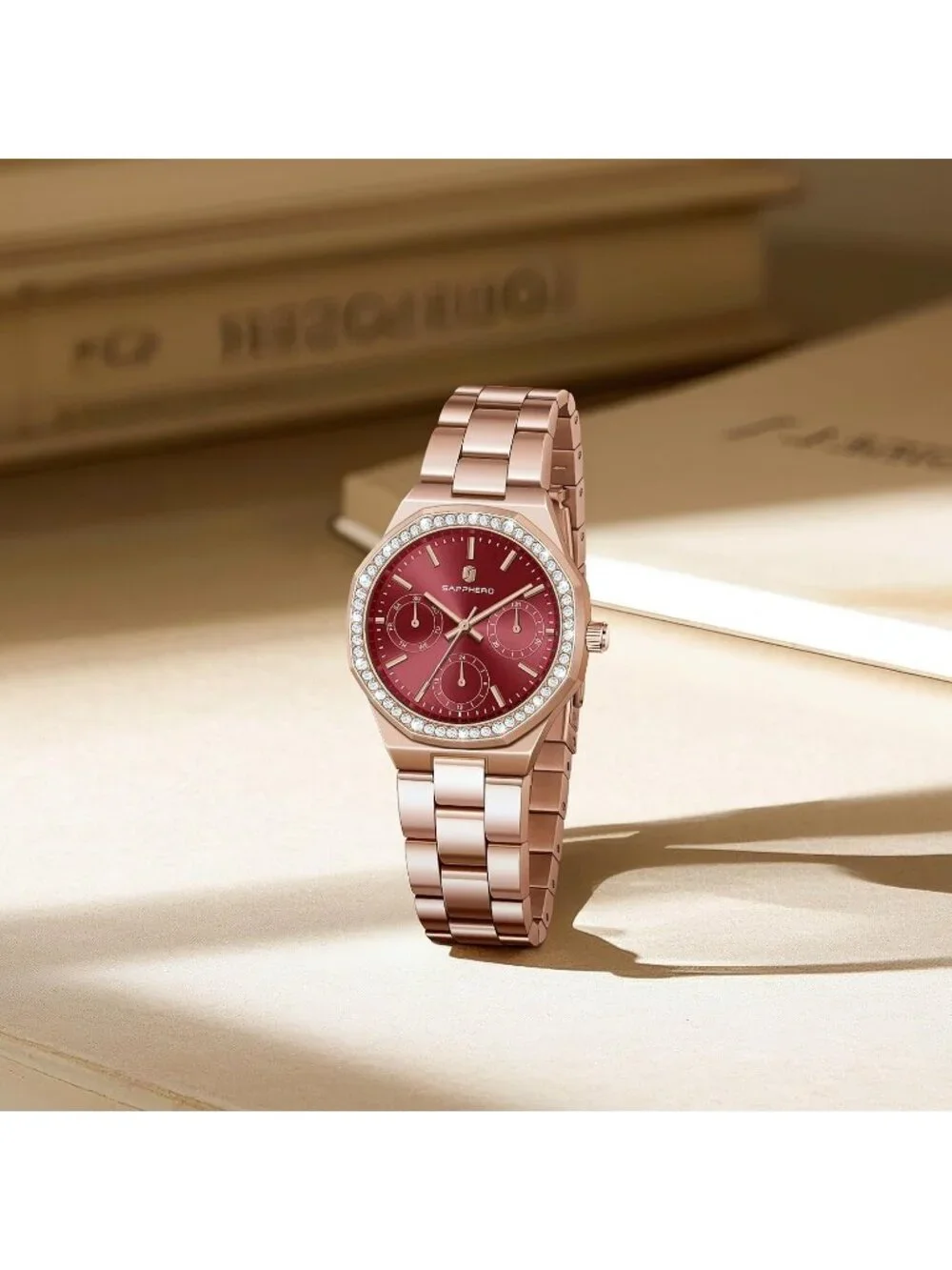 Women's Rose Gold Strap/ Red Round Face Luxury Waterproof Elegant Wrist Watch